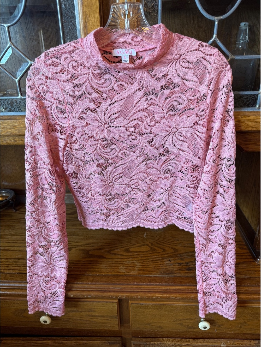 A'Gaci Pink Floral Lace Mock Neck Long Sleeve Sheer Crop Top Size Large